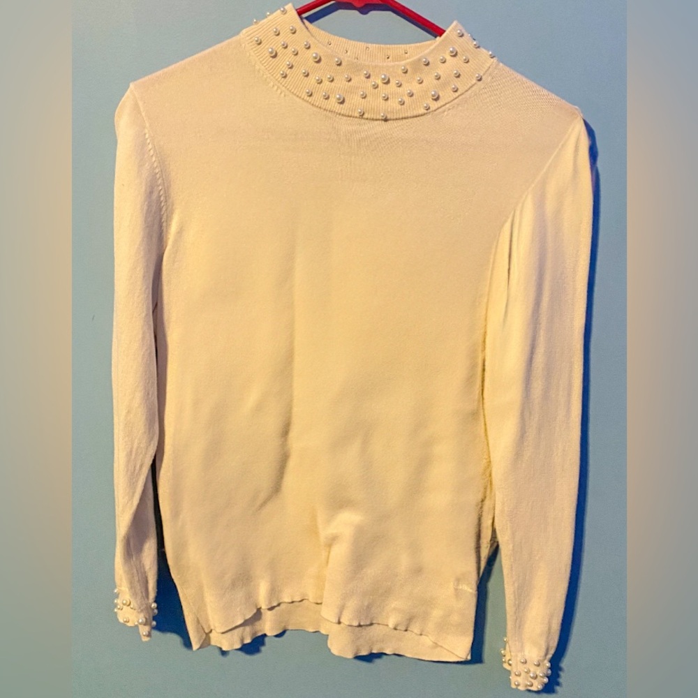 ANN TAYLOR- Cream Sweater with Pearls along neckline and sleeve cuffs, Size L